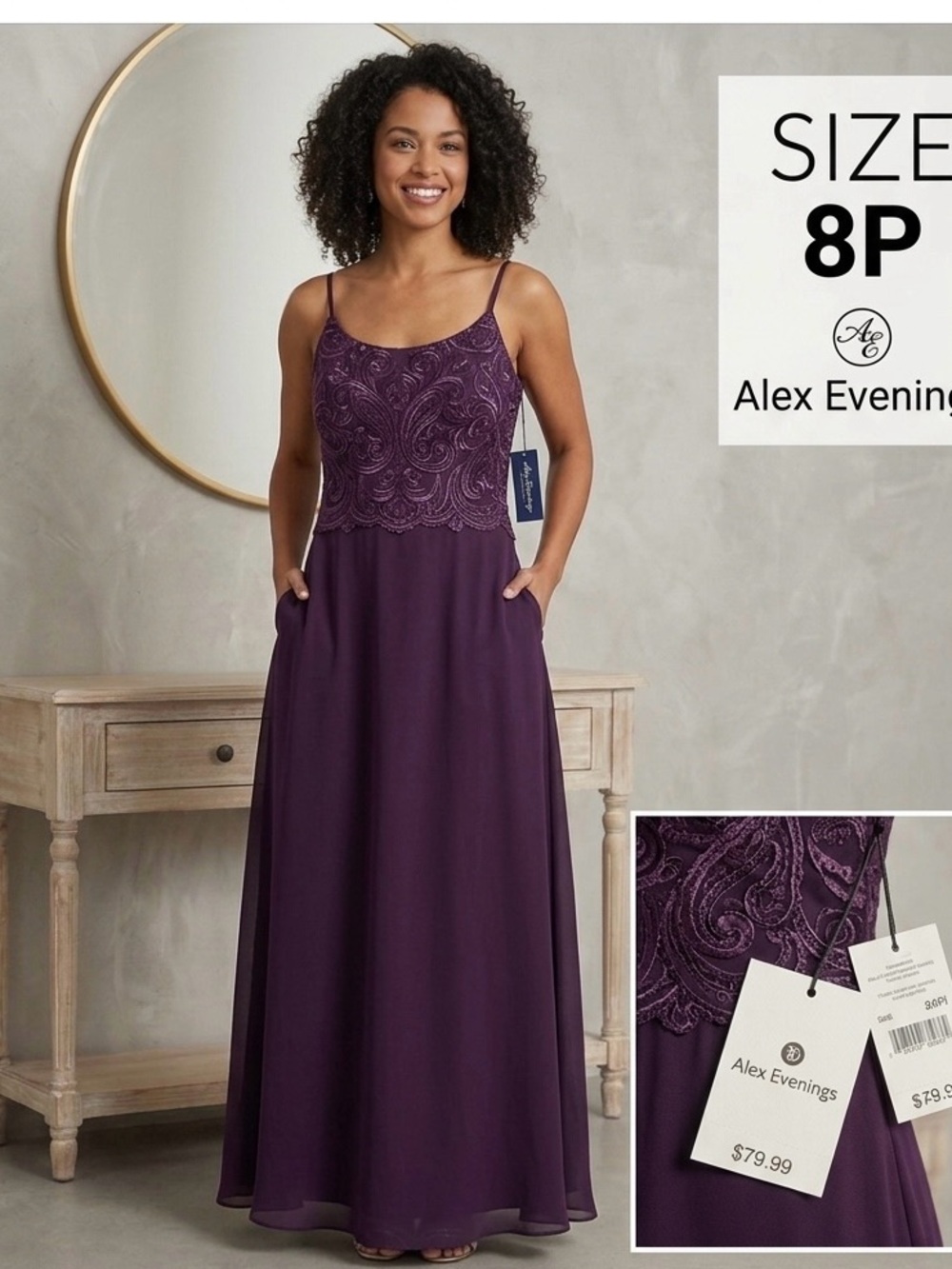 Alex Evenings Petite Purple Beaded Long Gown | Size 8P (NWOT)
